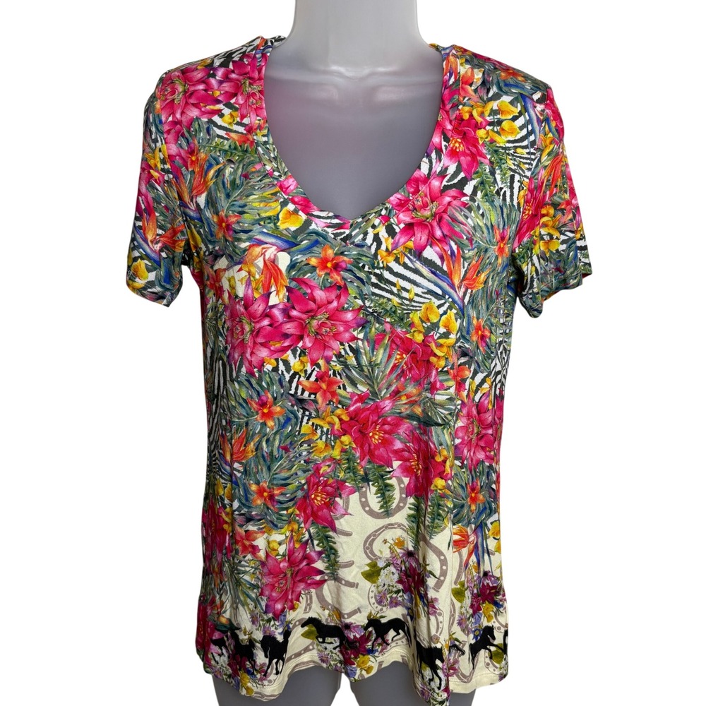 Johnny Was Multicolor Floral Horse V-Neck Bamboo Jersey Blouse Top Womens XS